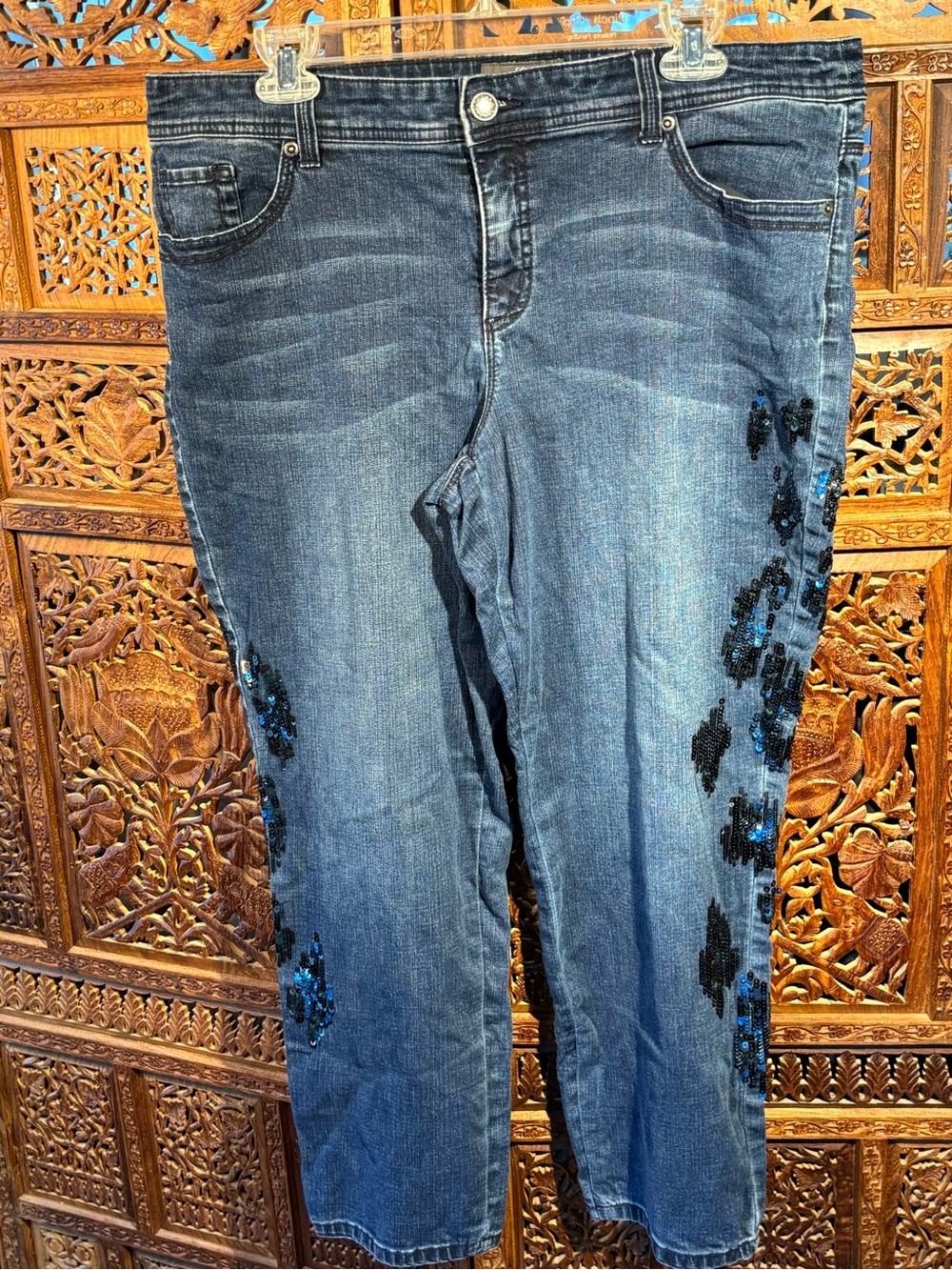 Chico's Dark Blue Straight-Leg Jeans with Black & Blue Sequin Accents